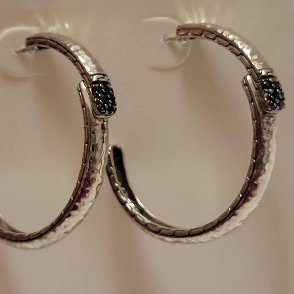 John Hardy Black Sapphire & Sterling Silver Medium Hoop Earrings - Picture 2 of 16